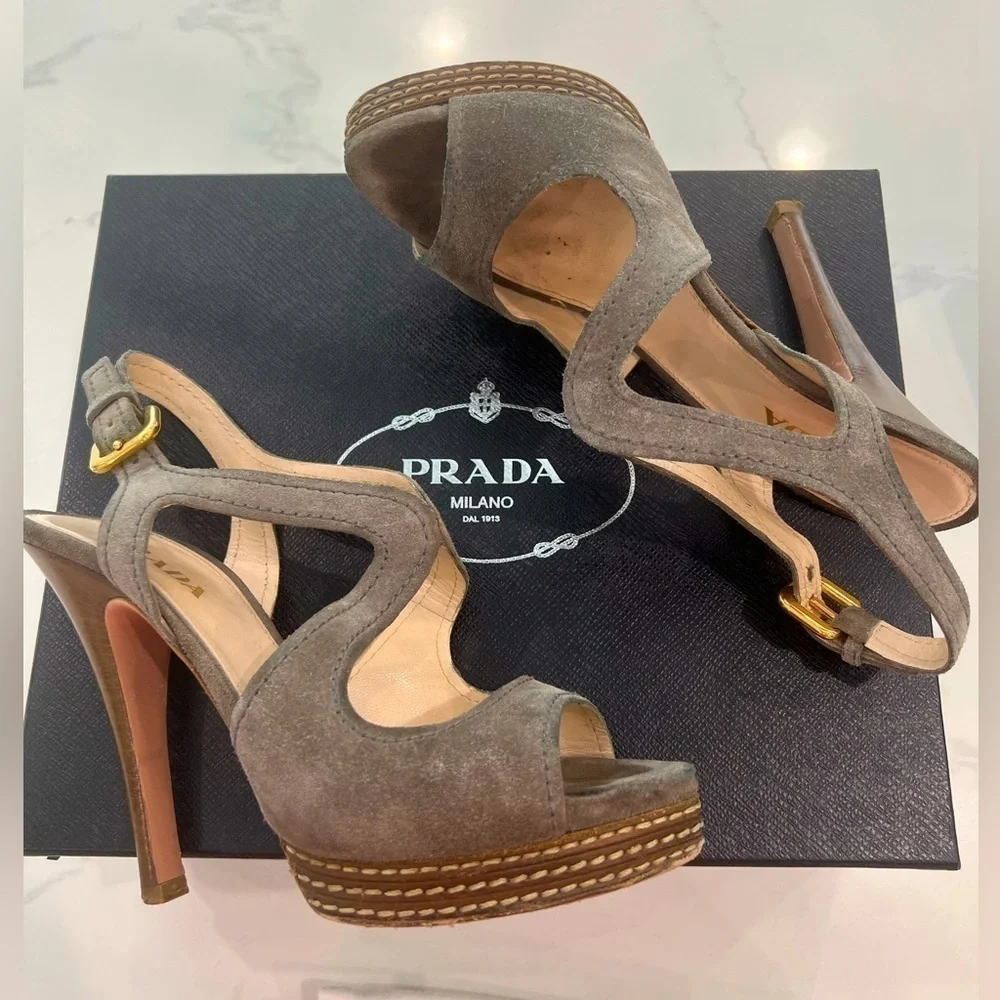 PRADA CALCUTURA GREY SUEDE PLATFORM SLINGBACK SIZE EU 37.5 US 7